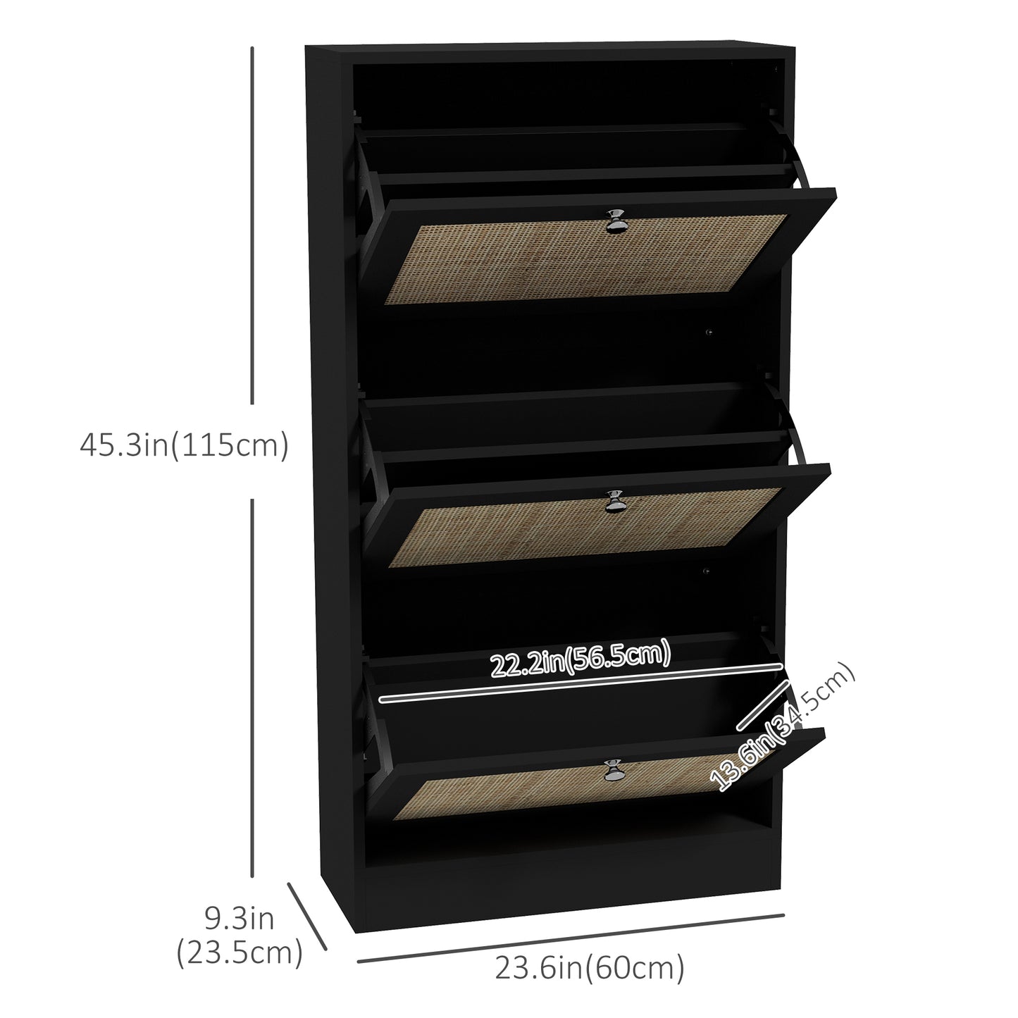 Rattan Front Shoe Cabinet with 3 Flip Drawers for 18 Pairs, Black