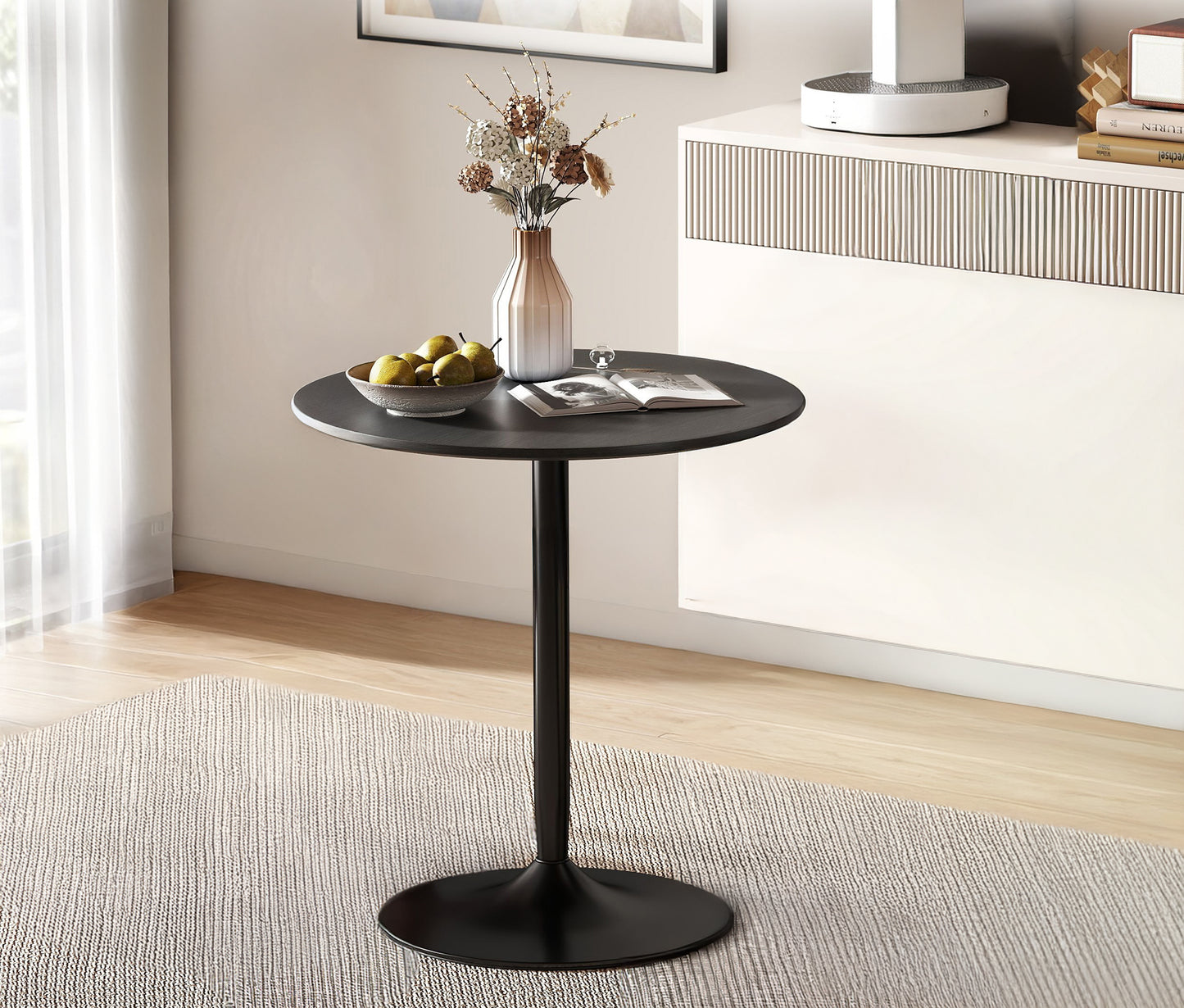 27" Round Dining Table with Wood Veneer and Steel Pedestal Base, Black
