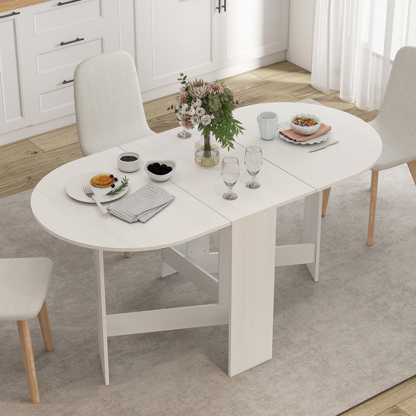 Oval Drop Leaf Dining Table with Space-Saving Design for Up to 6 People, Distressed White