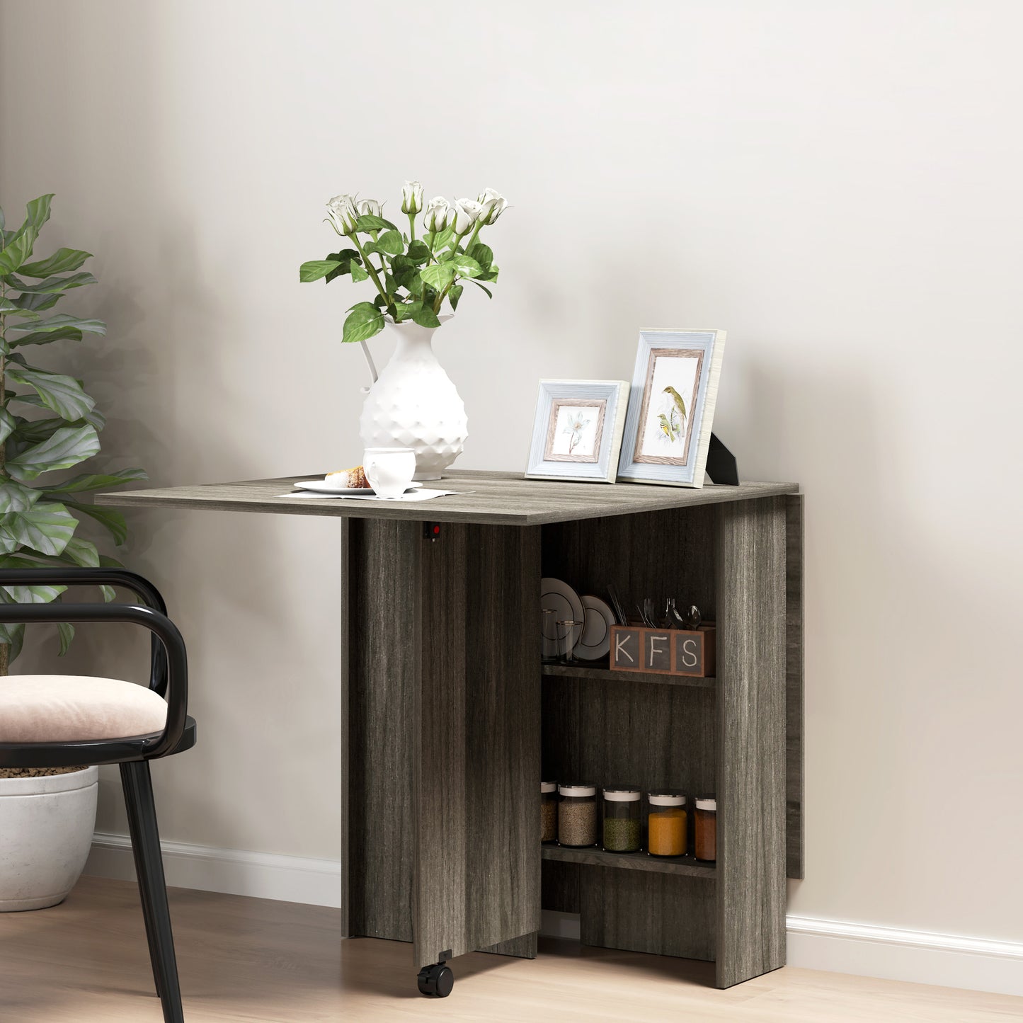 Grey Wood Grain Extendable Dining Table with Shelves