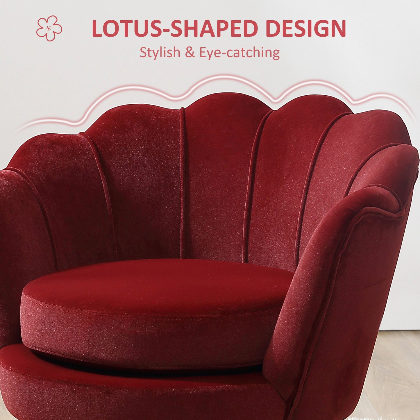 Modern Velvet Accent Chair with Lotus Backrest and Gold Legs, Wine Red