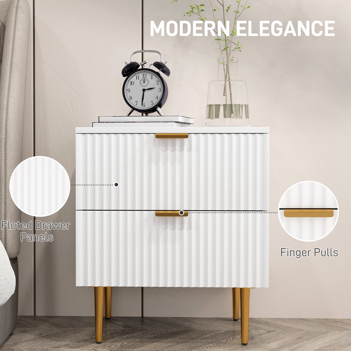 Modern Nightstand with Gold Finger Pulls and Fluted Drawers, White