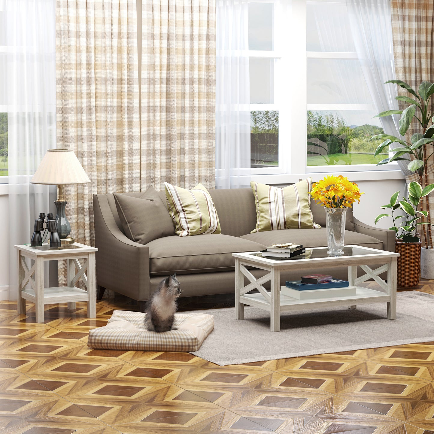 Farmhouse Glass Top Coffee Table with X-Frame Design - White Oak