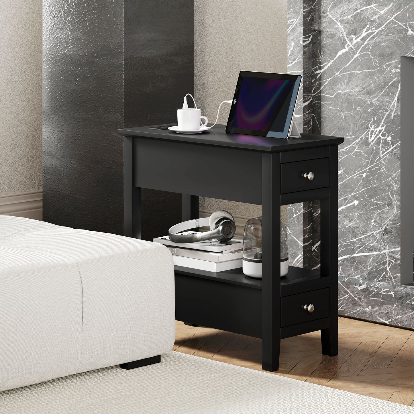 Narrow Side Table with Built-in Charging Station and USB Ports, Black
