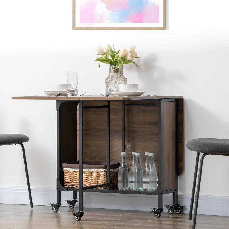 Folding Dining Table with Storage Shelf and 6 Wheels - Light Brown