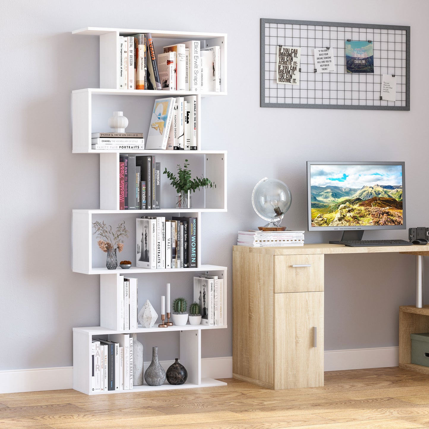 6-Tier Z-Shaped Geometric Bookcase, White