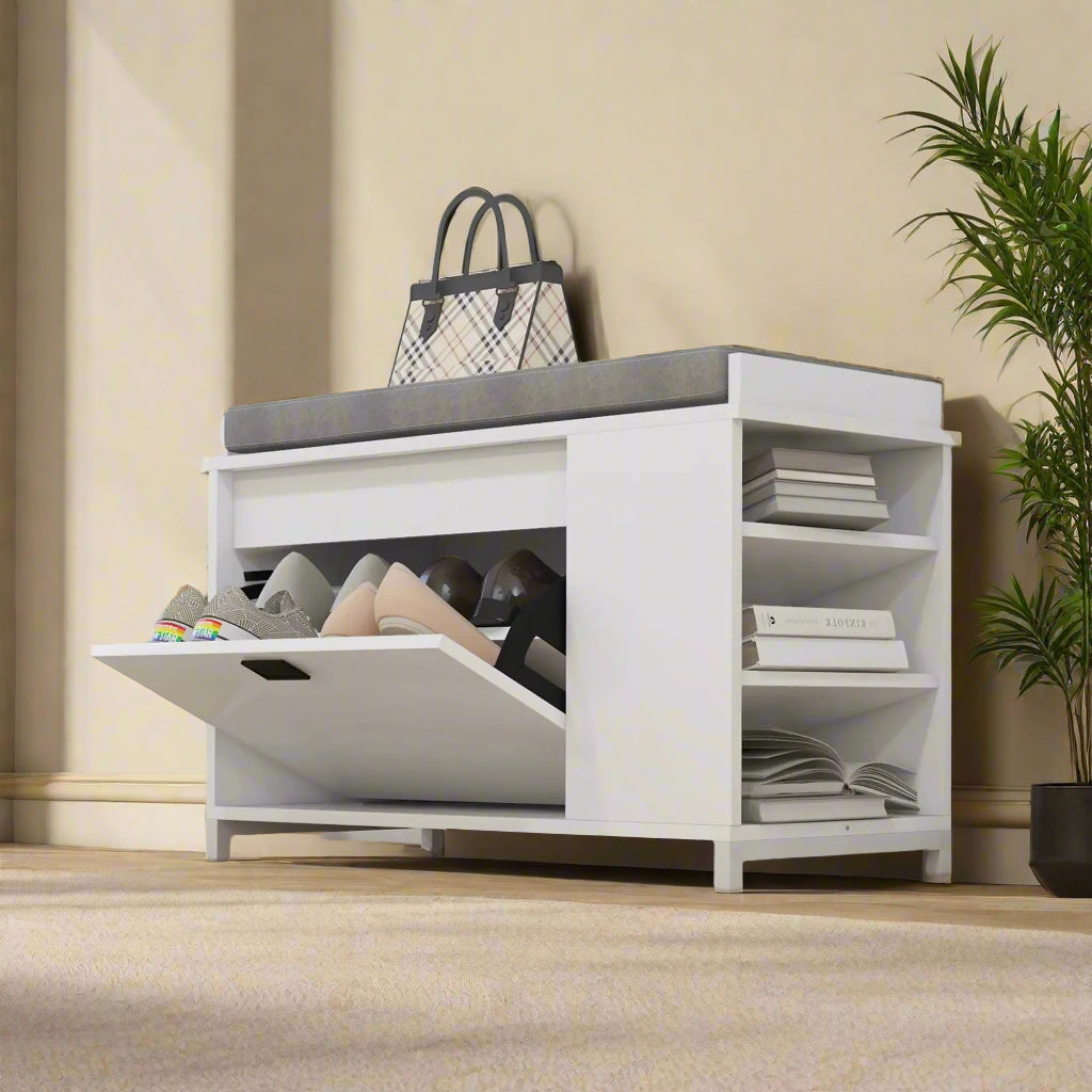 Upholstered Shoe Storage Bench with Flip Drawer and Side Rack for 6 Pairs, White