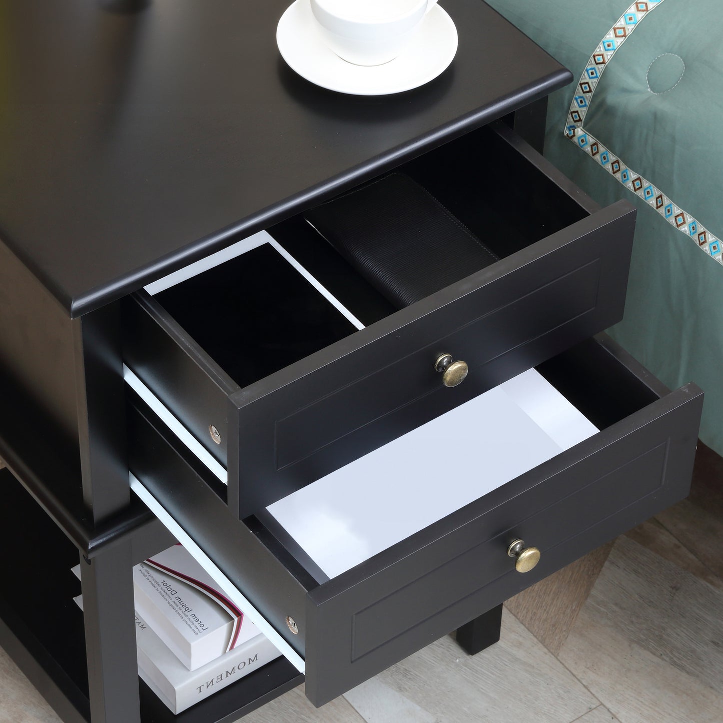 Black Modern End Table with Drawers and Storage Shelf