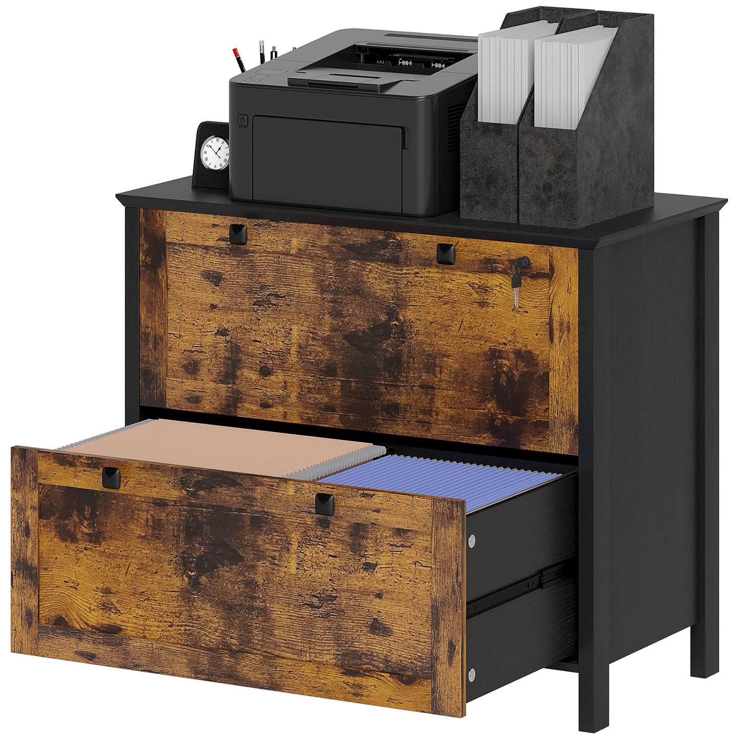 2-Drawer Wooden File Cabinet with Lock - Rustic Brown
