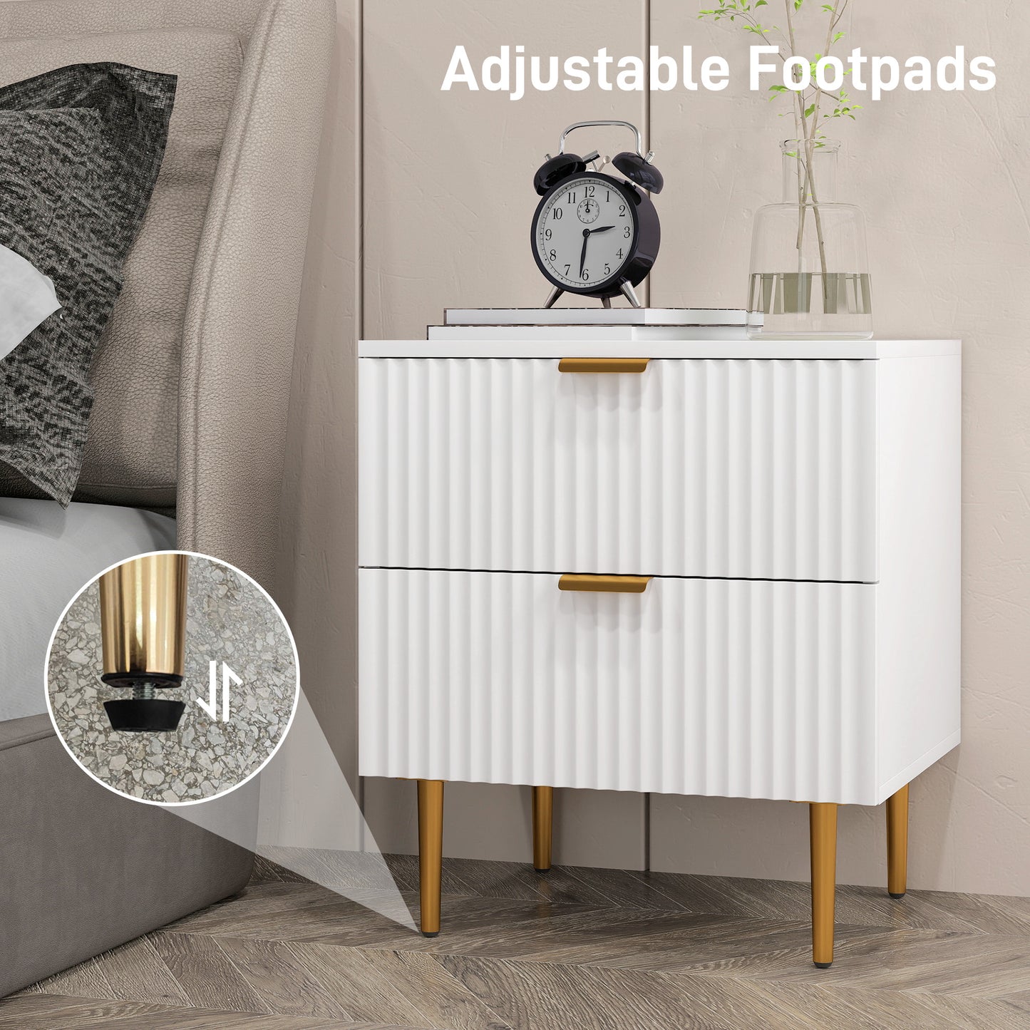 Modern Nightstand with Gold Finger Pulls and Fluted Drawers, White