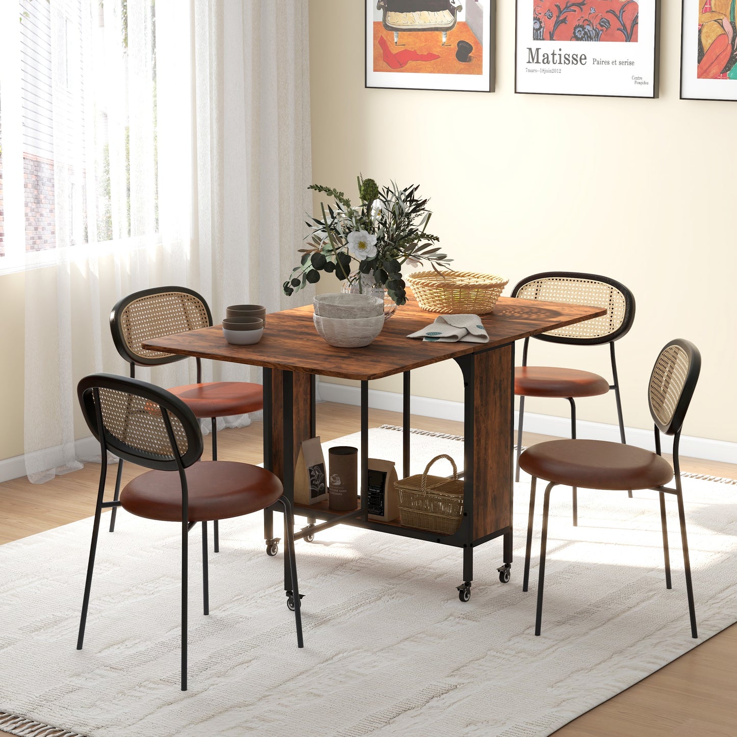 Folding Dining Table with Storage Shelf and 6 Wheels - Rustic Brown