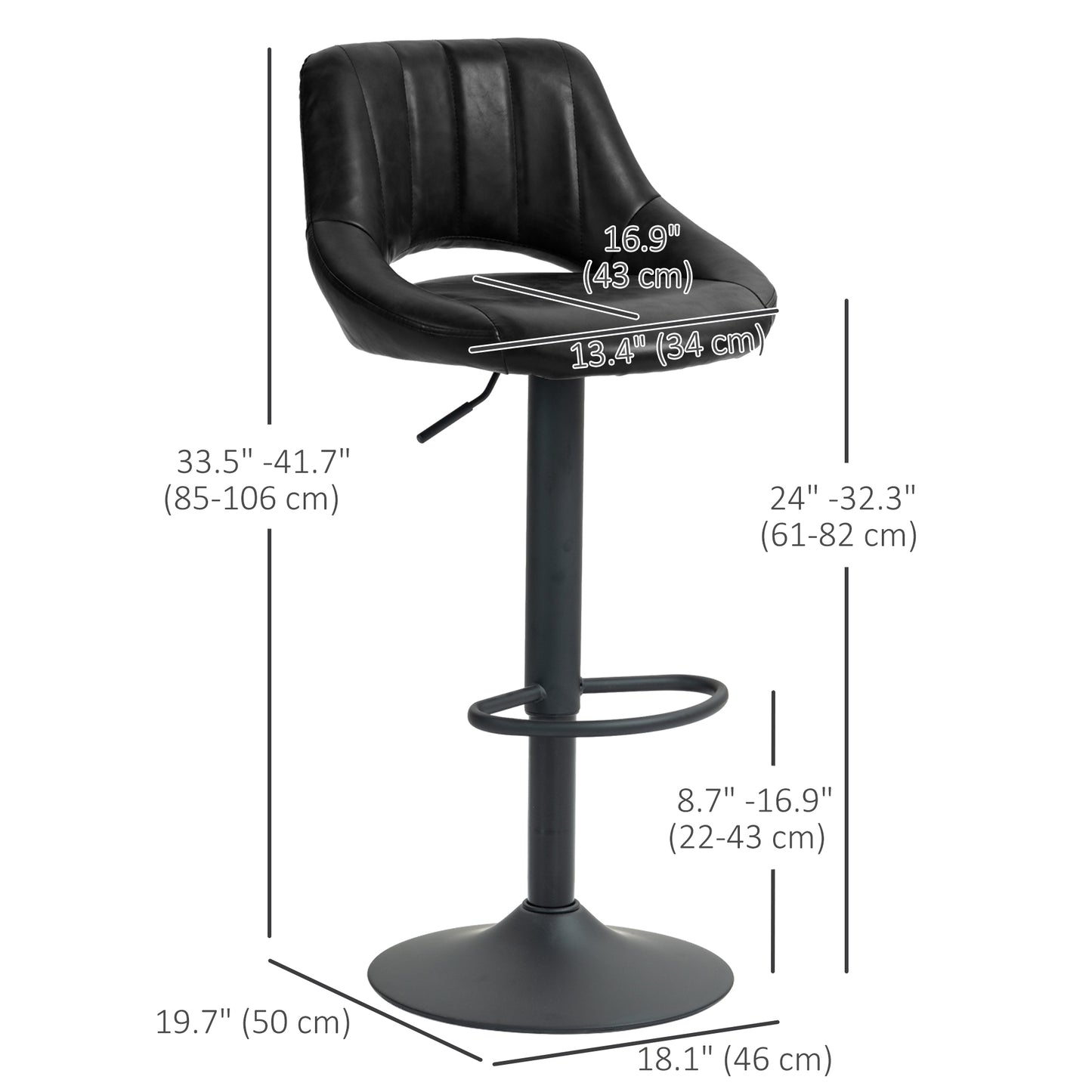 Adjustable Height Swivel Bar Stools with Faux Leather Upholstery, Black (Set of 2)