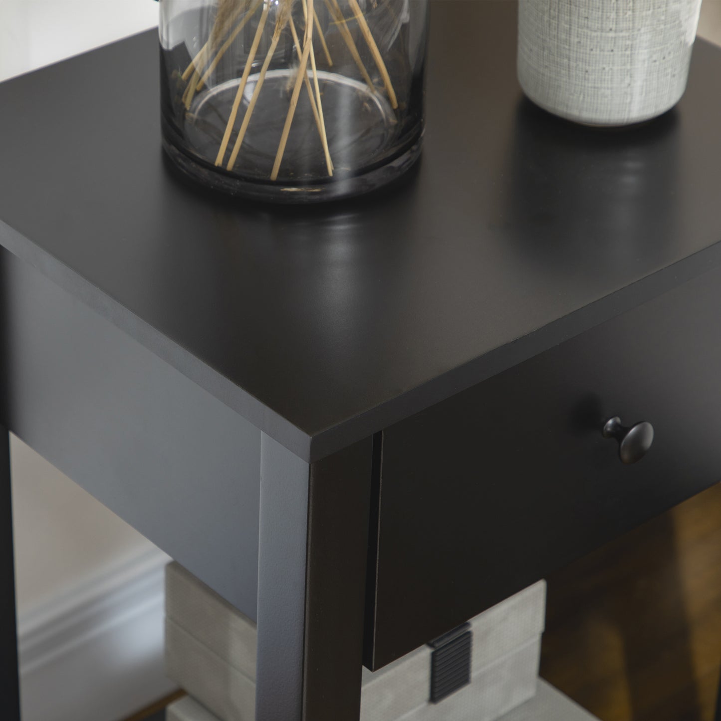 2-Tier Side Tables with Drawer and Shelf, Black (Set of 2)