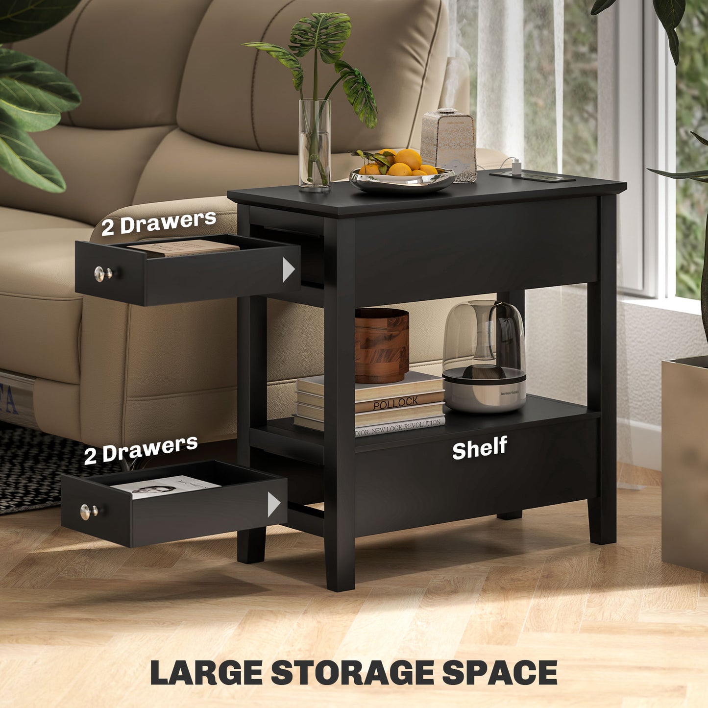 Narrow Side Table with Built-in Charging Station and USB Ports, Black