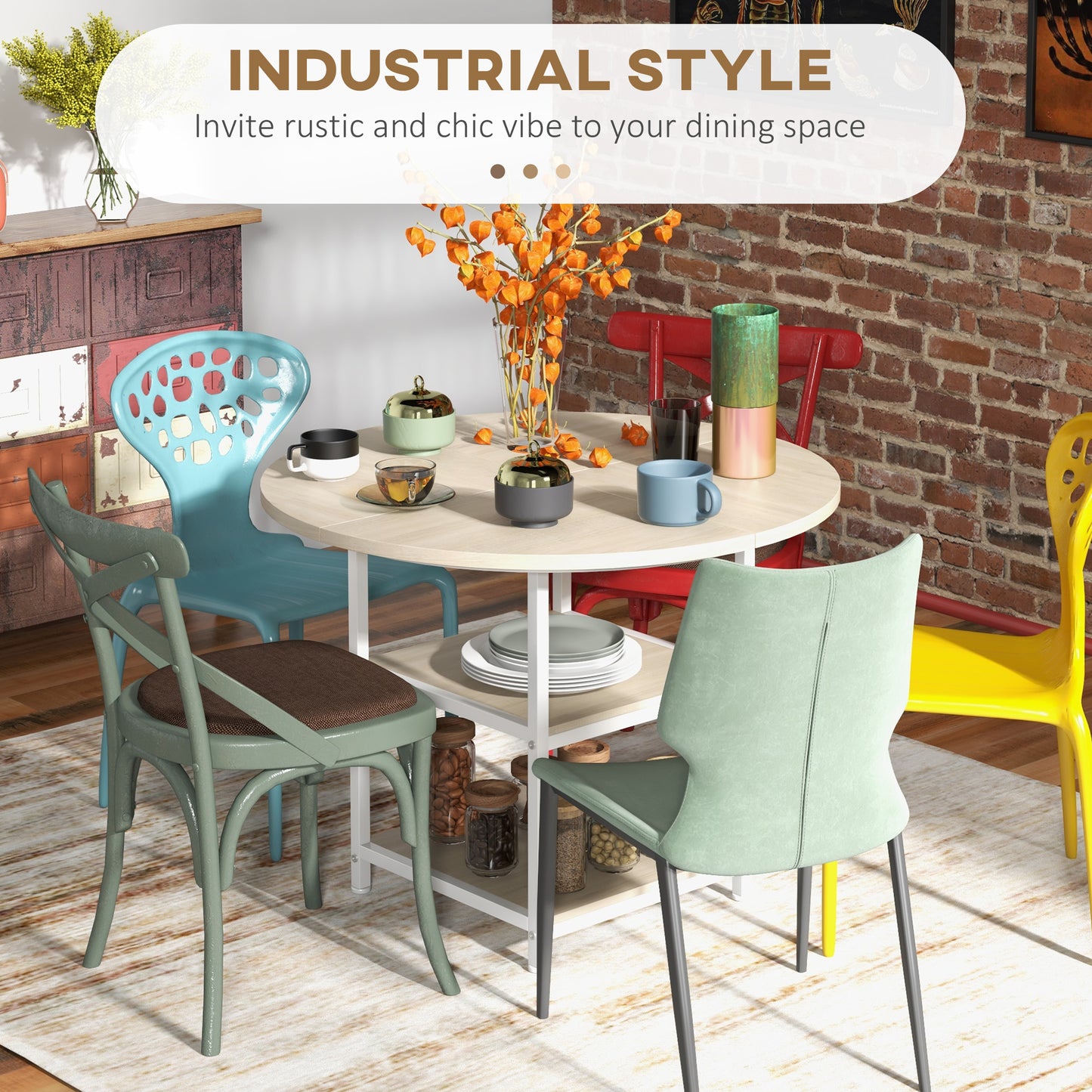 39" Round Industrial Dining Table with Storage Shelves for 4-6 People, Oak