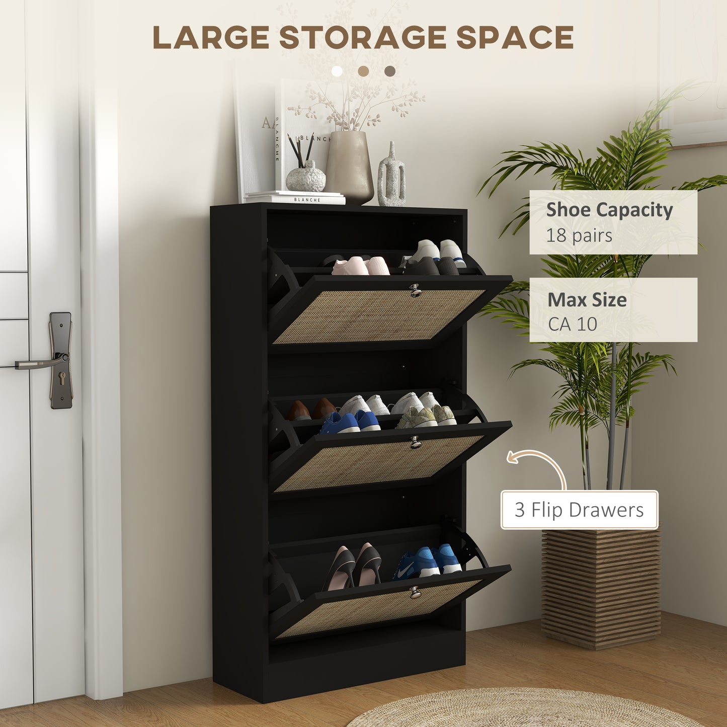 Rattan Front Shoe Cabinet with 3 Flip Drawers for 18 Pairs, Black