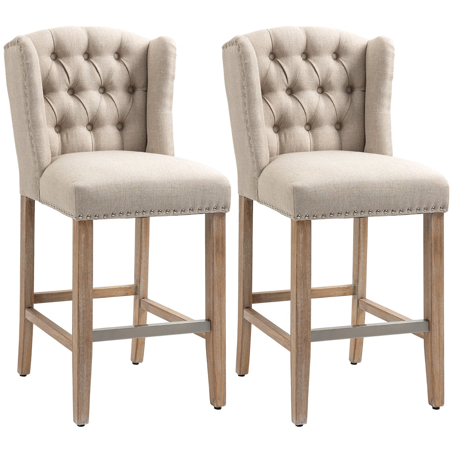 Upholstered Bar Stools with Tufted Nailhead Trim and Wood Legs, Beige (Set of 2)