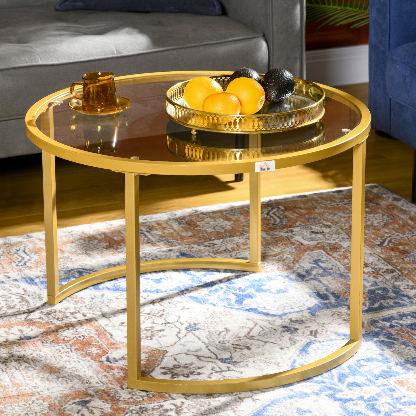 Gold Round Nesting Tables Set of 2 with Tempered Glass Top