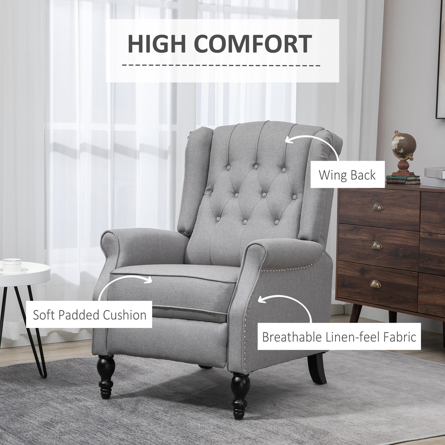 Manual Reclining Chair with Button Tufted Backrest, Light Grey