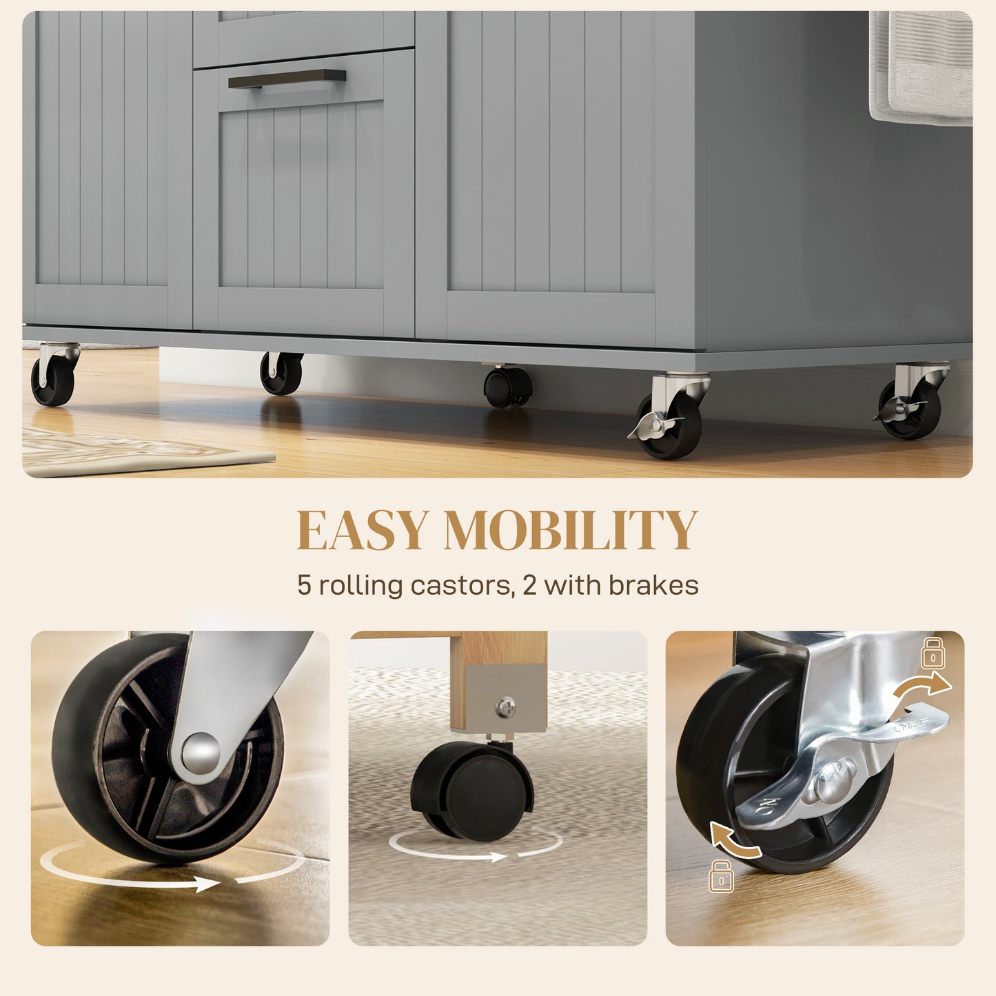 Rolling Kitchen Cart with Drop Leaf, 3 Drawers and Solid Wood Top, Grey