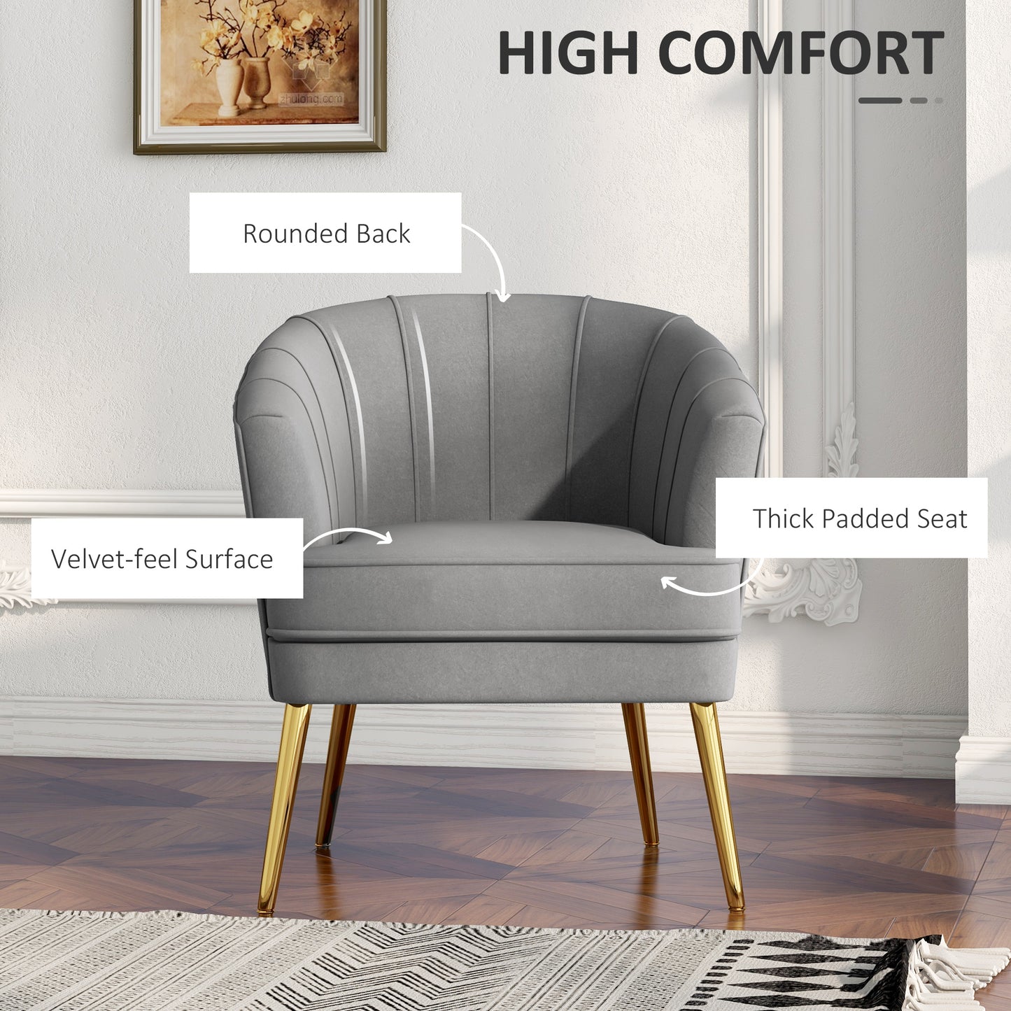 Channel-Tufted Tub Armchair with Velvet Upholstery and Gold Legs, Grey
