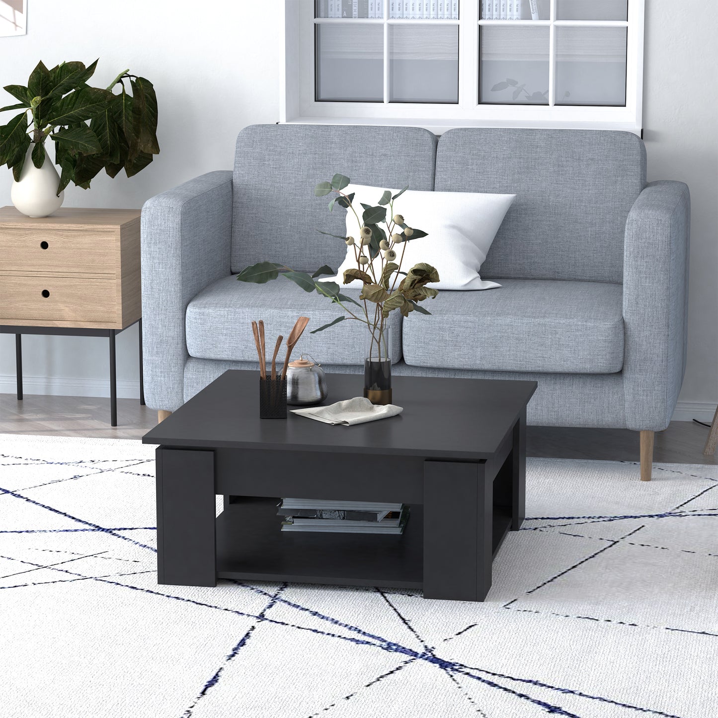 Modern Square Coffee Table with Storage Shelf - Black