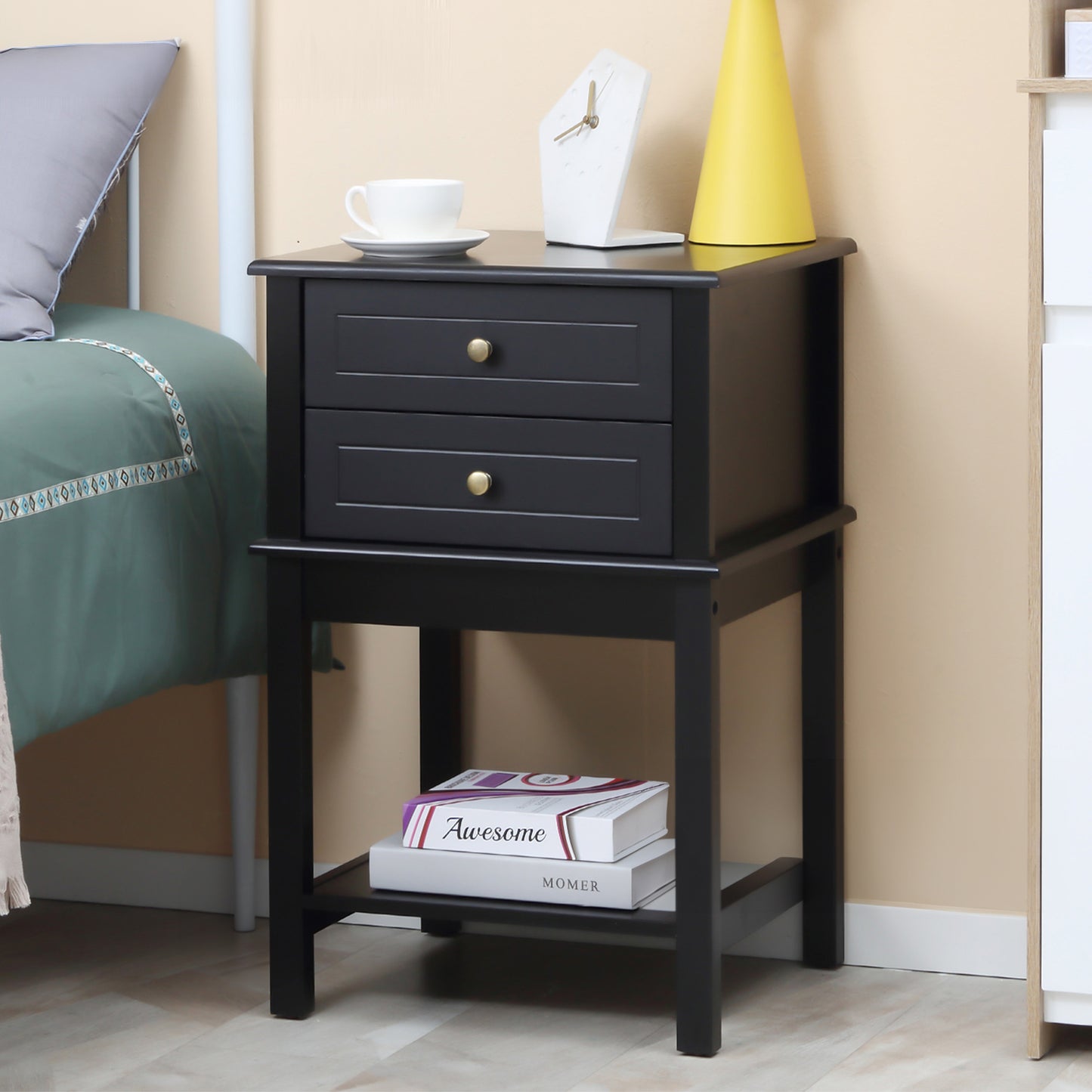Black Modern End Table with Drawers and Storage Shelf