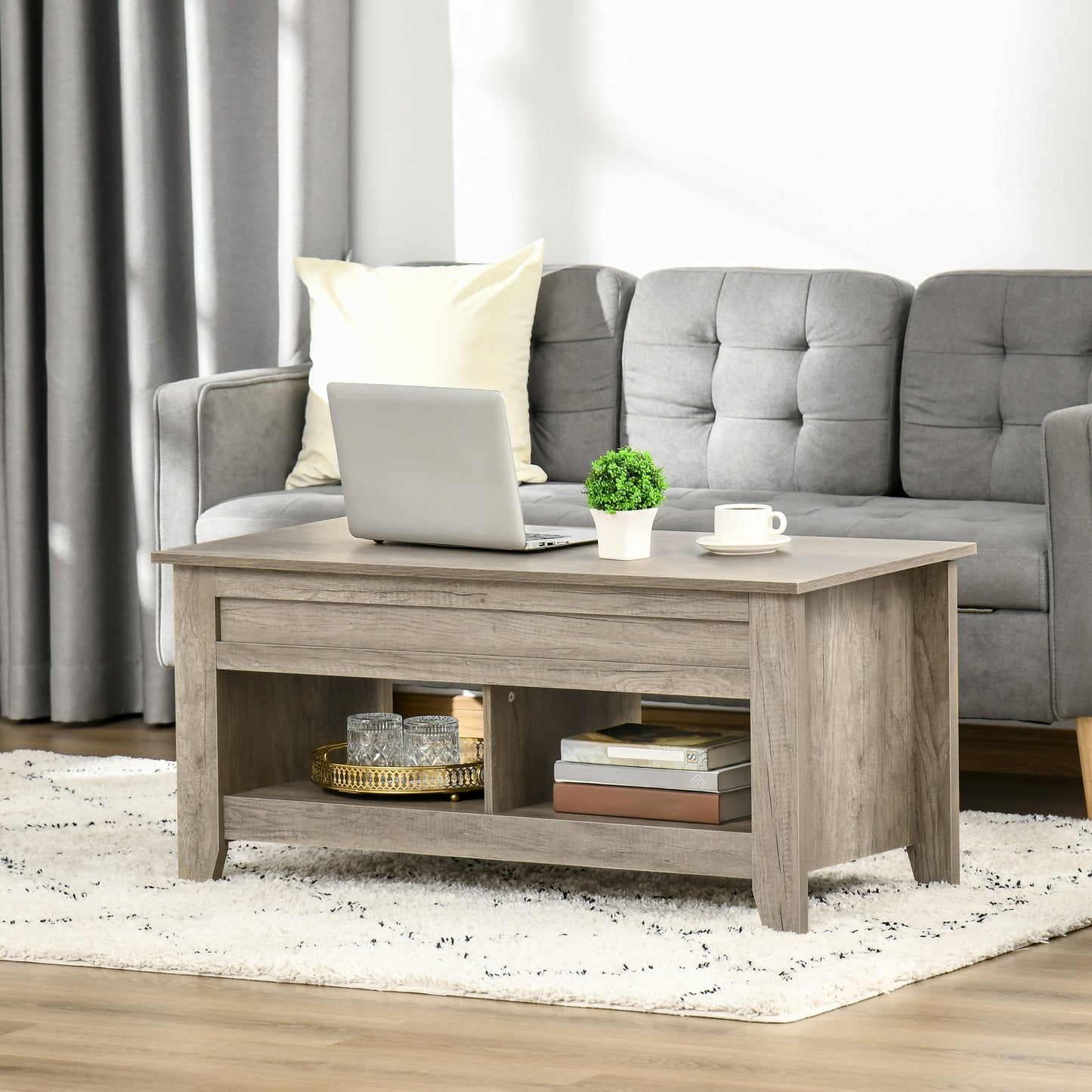 Lift Top Coffee Table with Hidden Storage, Oak Effect