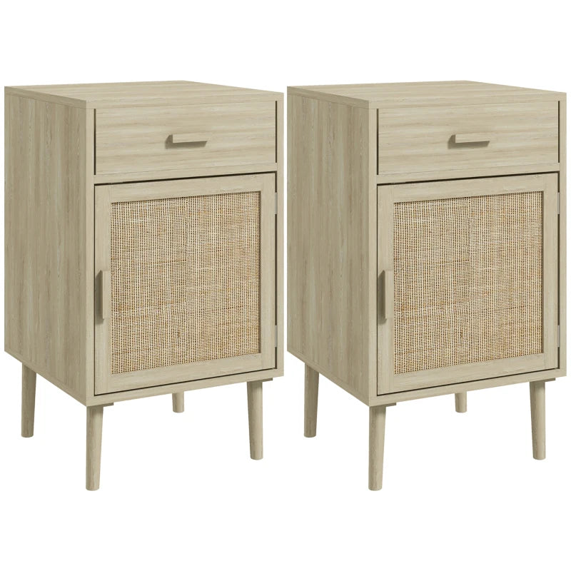 Boho Nightstands with Rattan Cabinet and Adjustable Shelf, Oak (Set of 2)