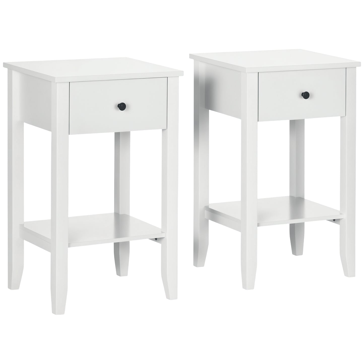 2-Tier Side Tables with Drawer and Shelf, White (Set of 2)