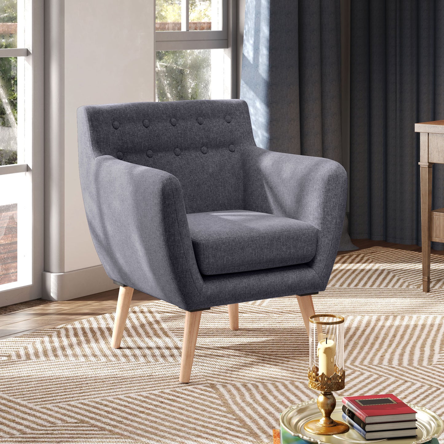 Linen Upholstery Armchair, Mid-Century Modern Accent Chair with Wood Frame, Dark Gray