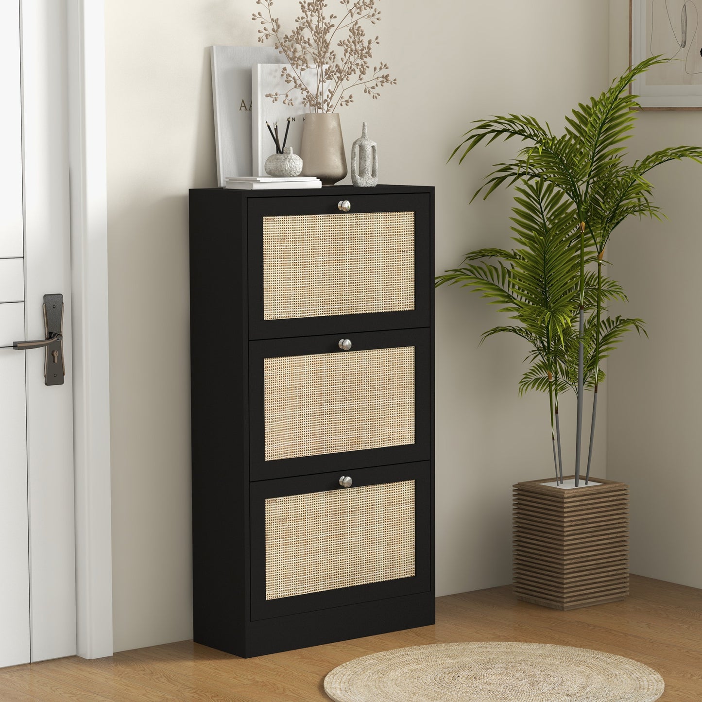 Rattan Front Shoe Cabinet with 3 Flip Drawers for 18 Pairs, Black