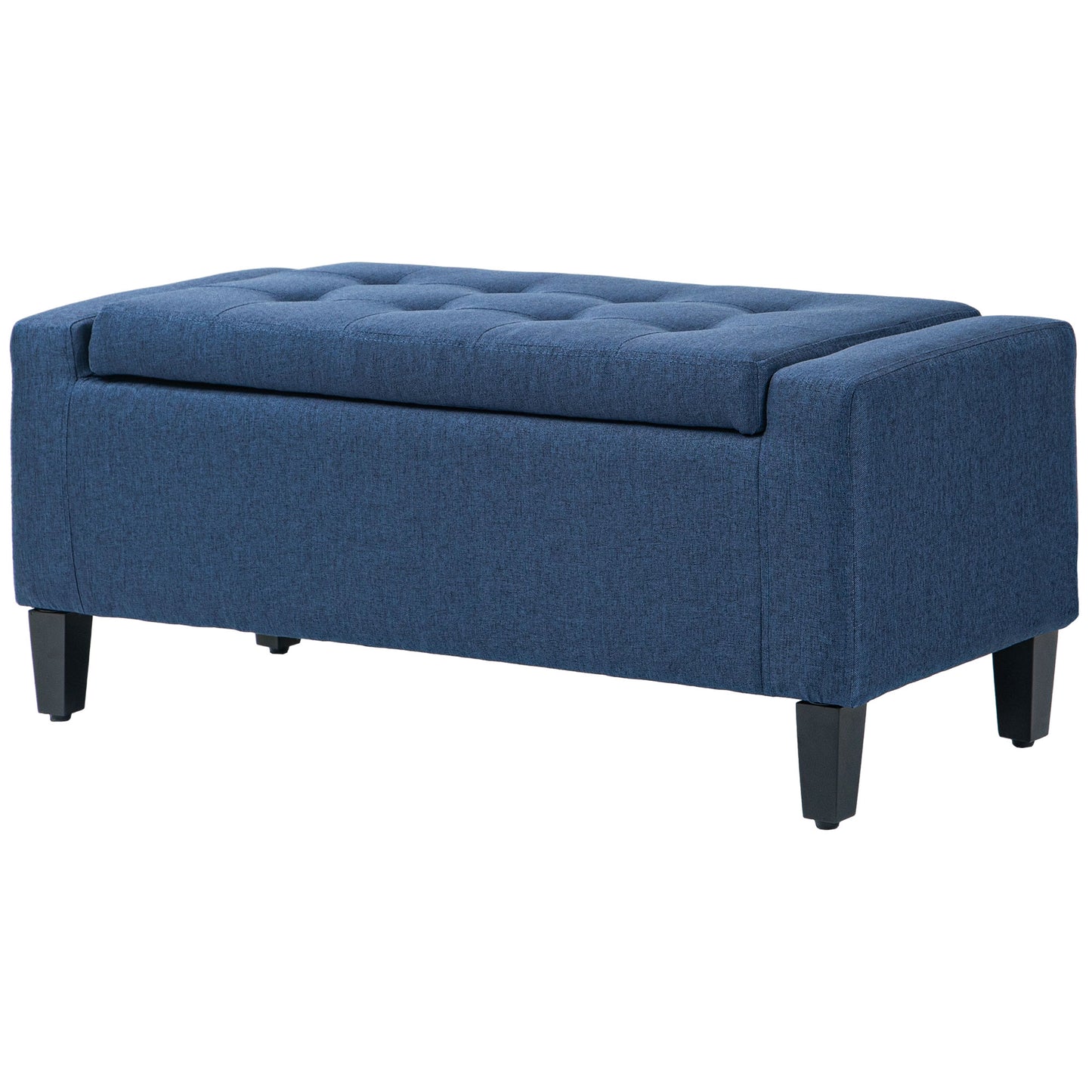 Linen Upholstered Storage Ottoman Bench with Tufted Design, Dark Blue