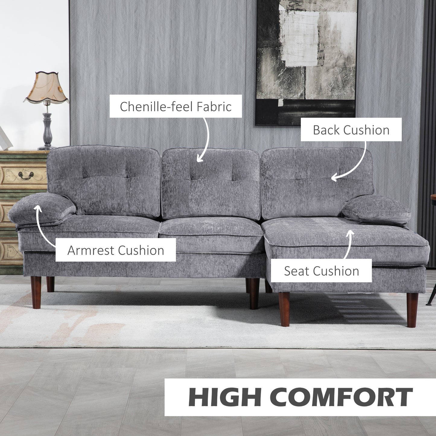 Tufted L-Shaped Corner Sofa with Right Chaise Lounge, Grey