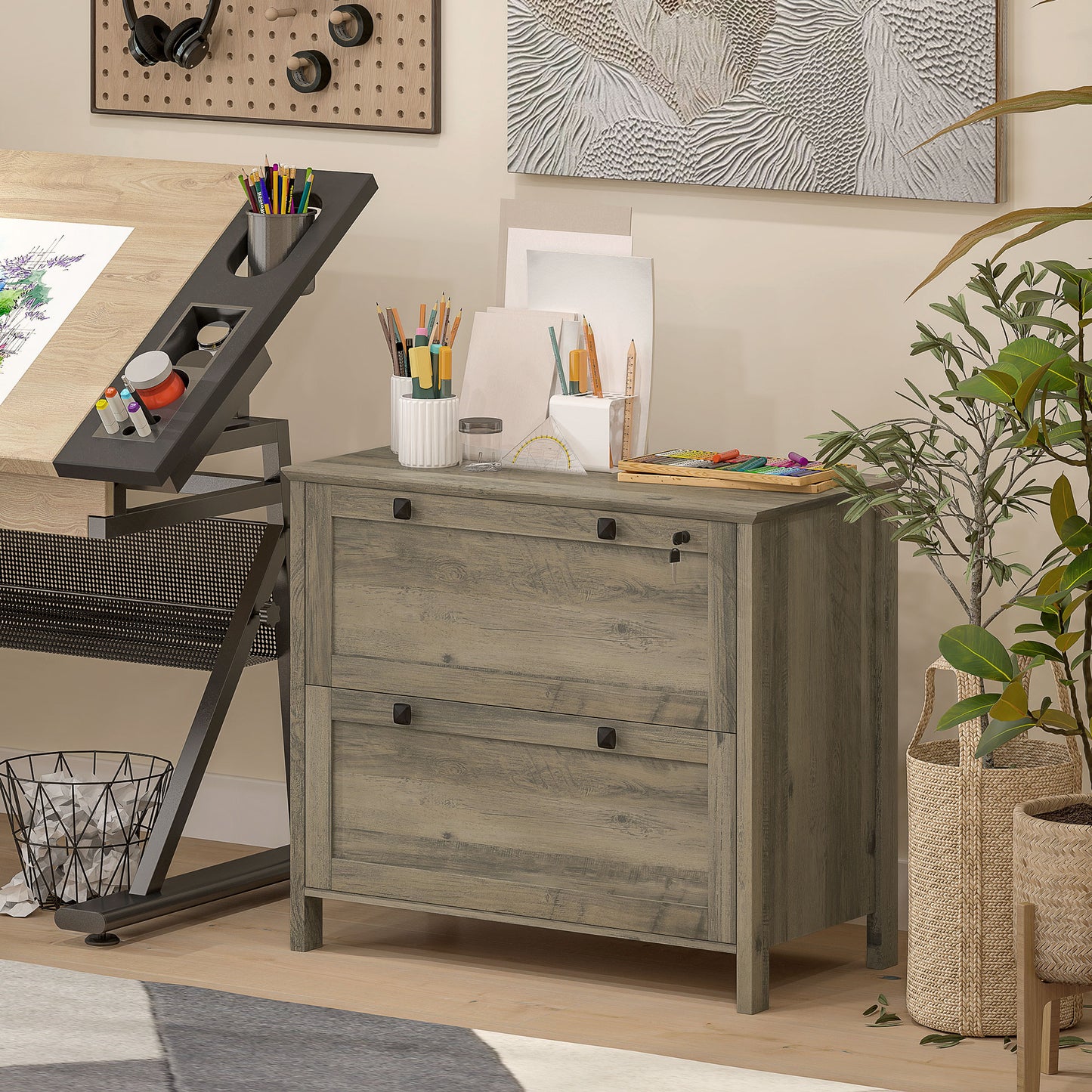 2-Drawer Wooden File Cabinet with Lock - Grey