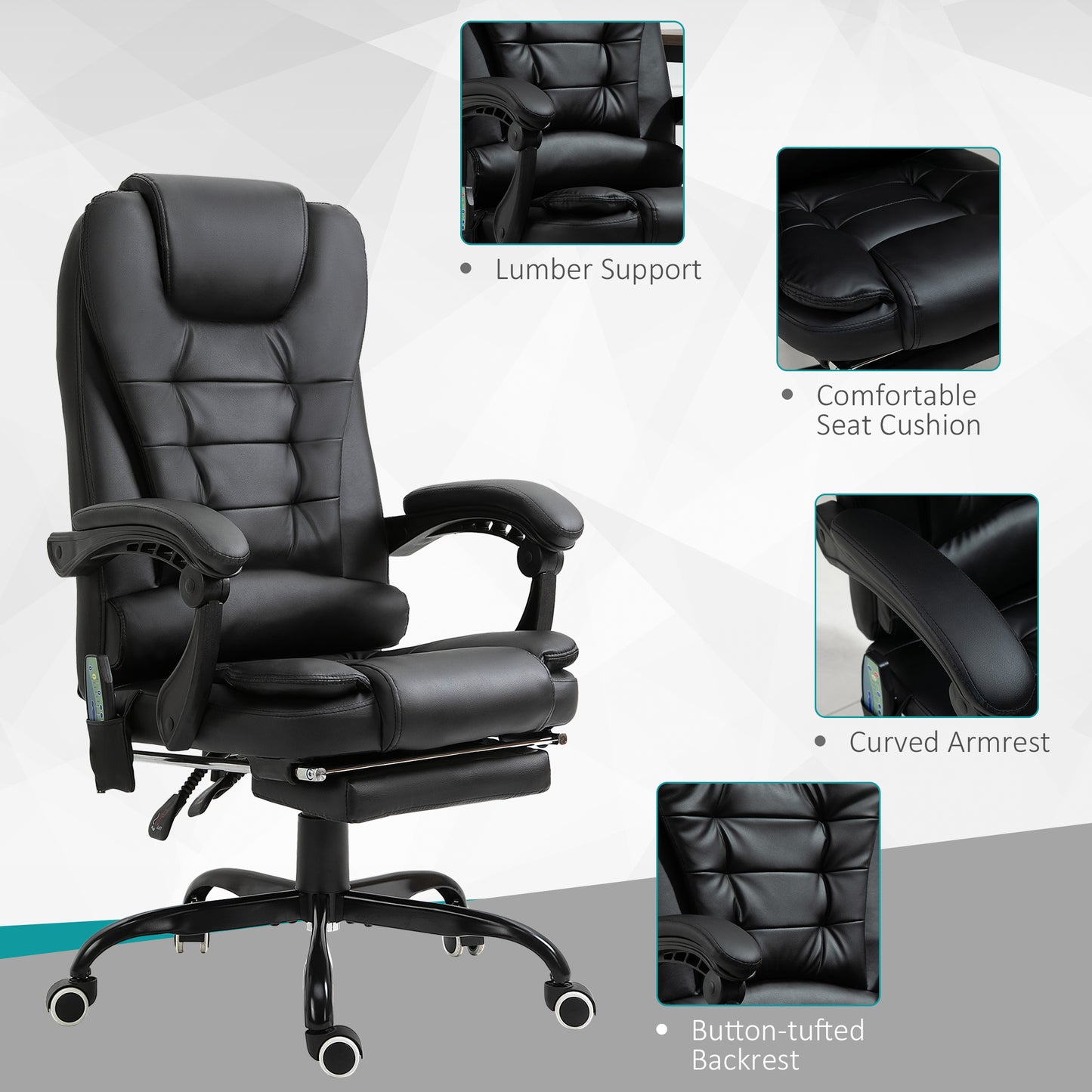 7-Point Vibrating Massage Office Chair with Footrest and Reclining Back, Black