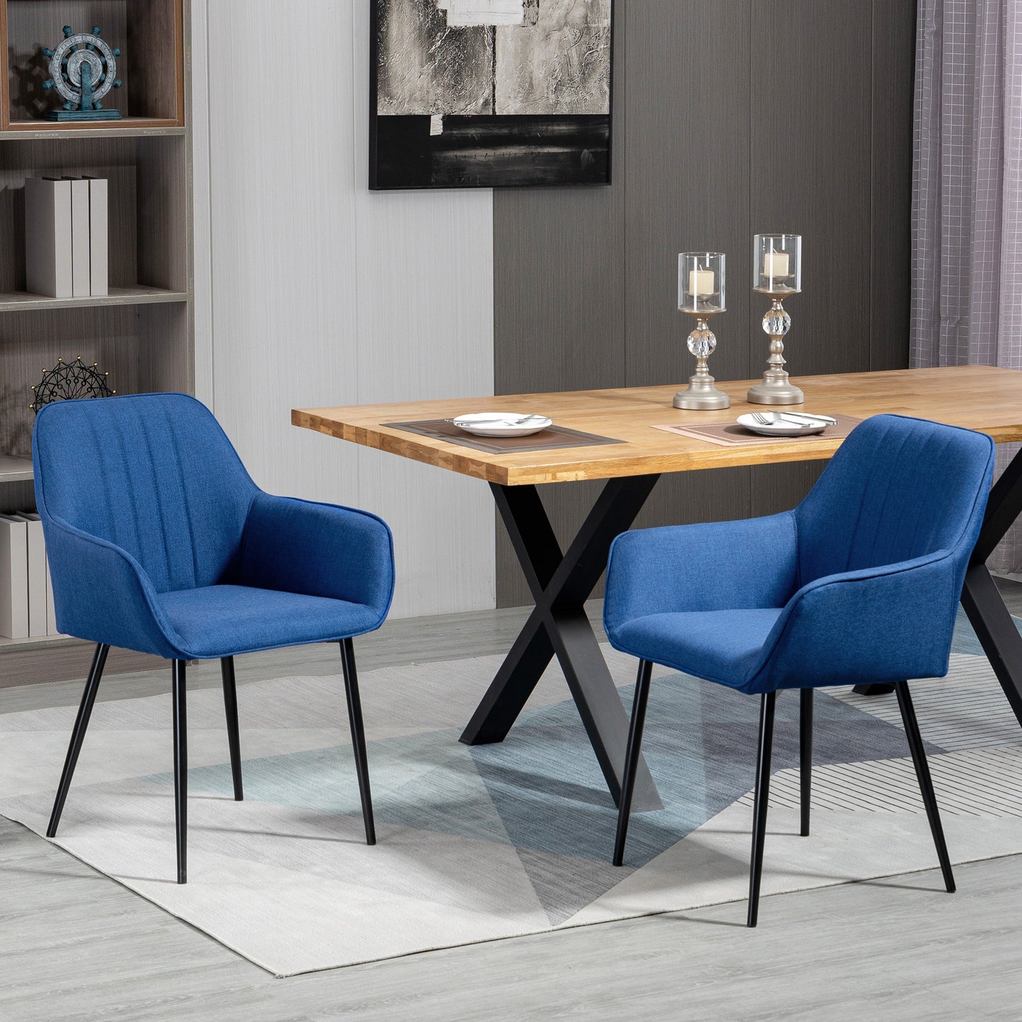 Linen Fabric Dining Chairs with Metal Legs, Dark Blue (Set of 2)