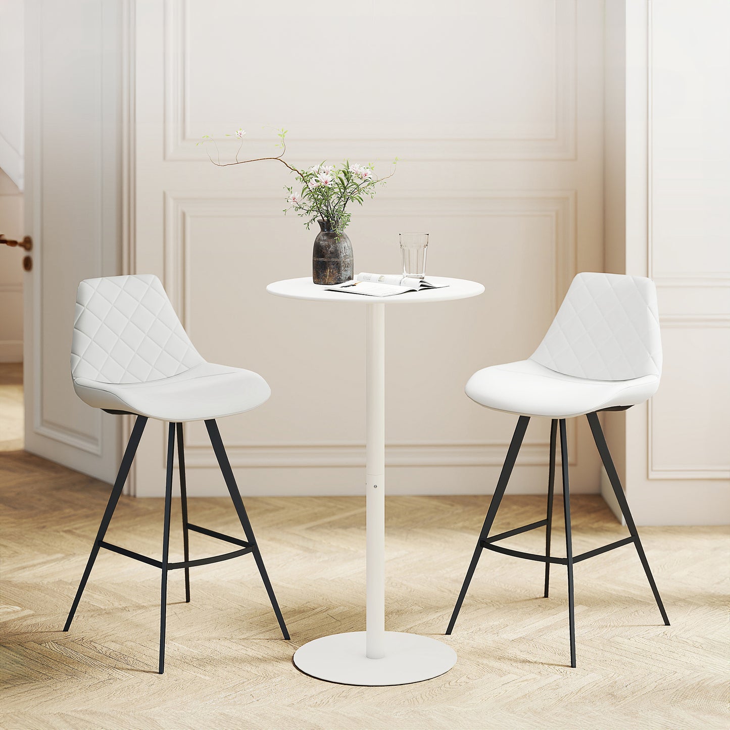 Round Bar Table with Steel Frame for 2 People, Indoor/Outdoor Use, White