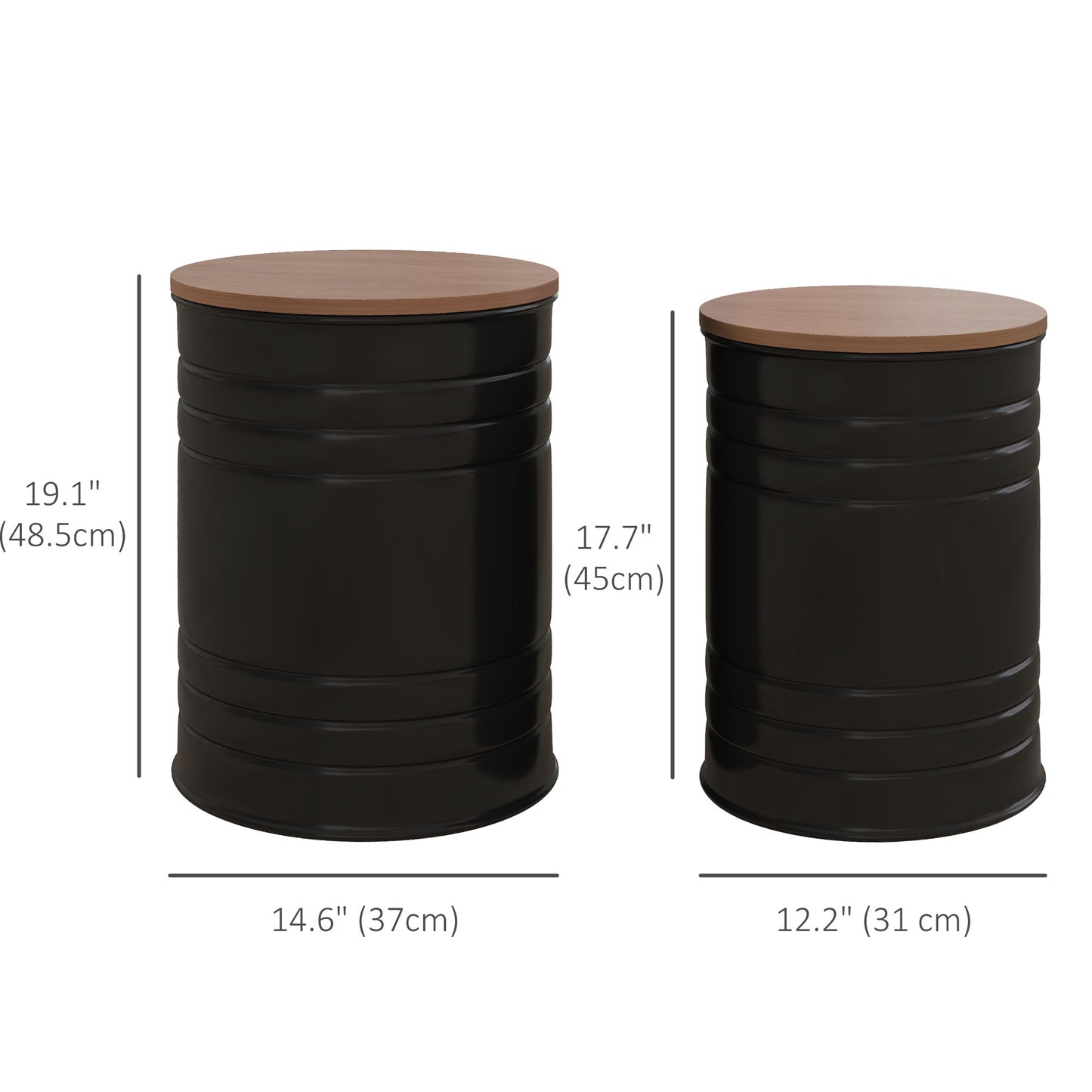 Round Nesting Side Tables with Hidden Storage and Wooden Lids, Black (Set of 2)