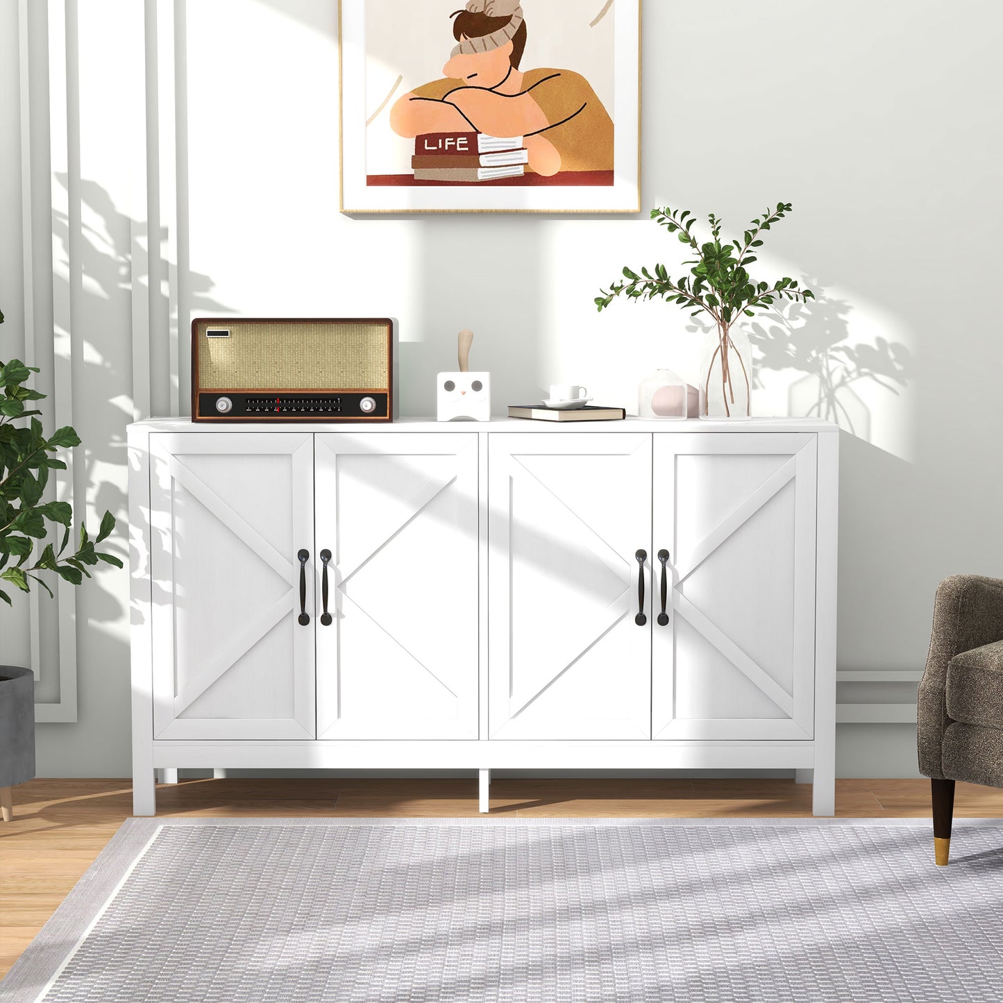 Farmhouse Buffet Storage Cabinet with Barn Door Design - White