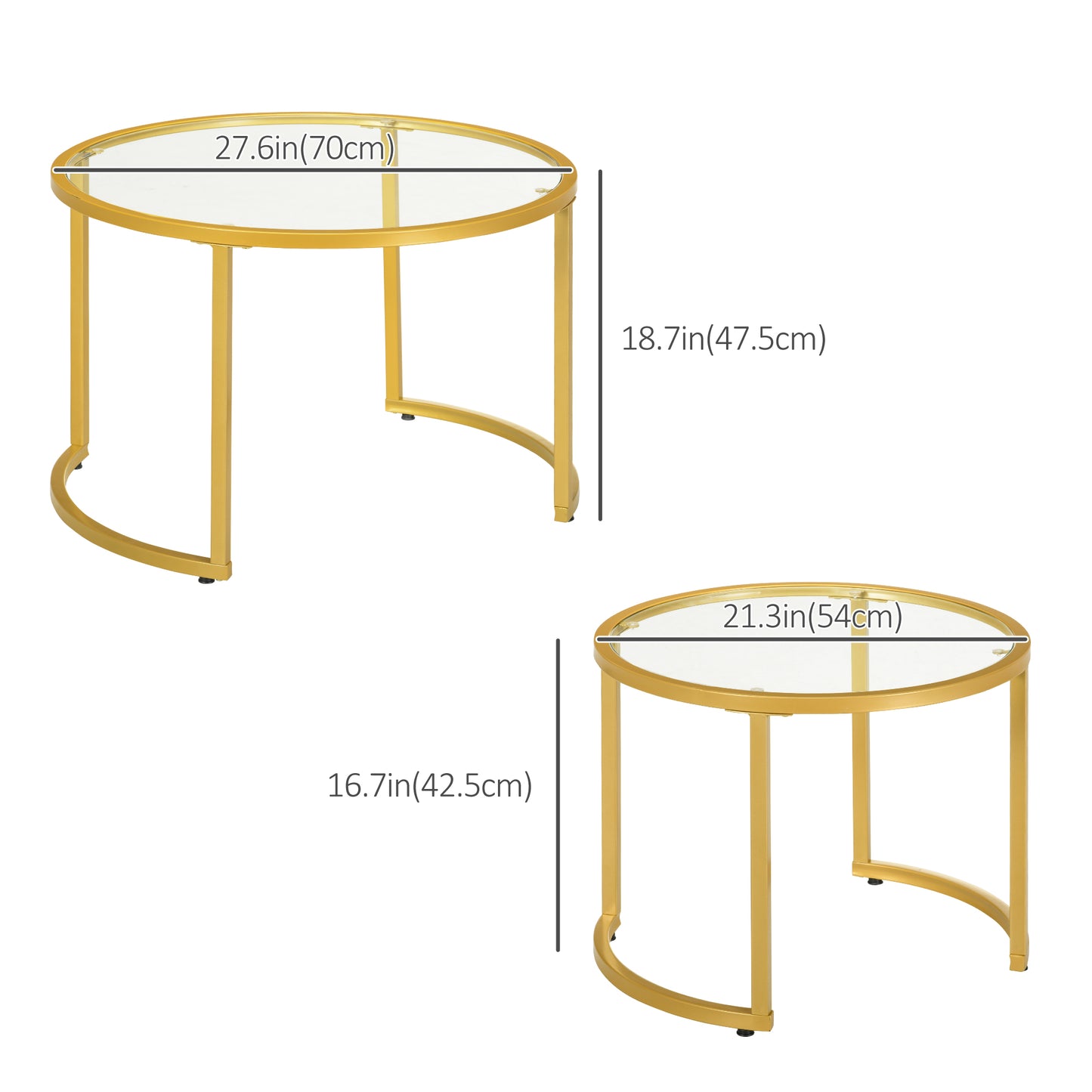 Gold Round Nesting Tables Set of 2 with Tempered Glass Top