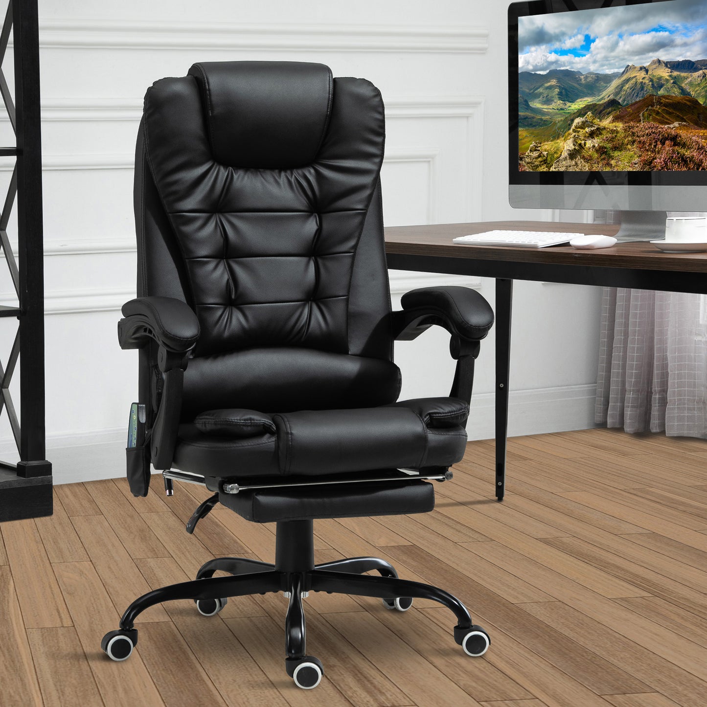 7-Point Vibrating Massage Office Chair with Footrest and Reclining Back, Black