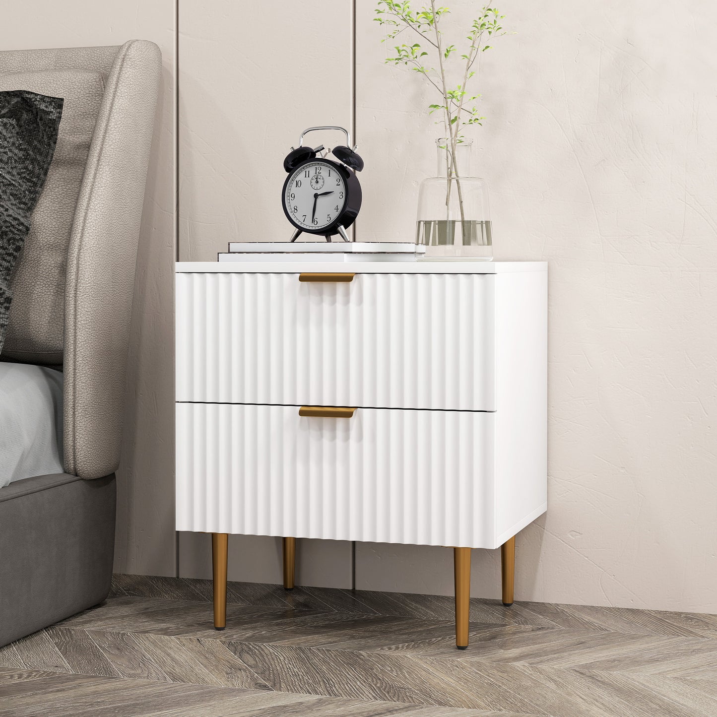 Modern Nightstand with Gold Finger Pulls and Fluted Drawers, White