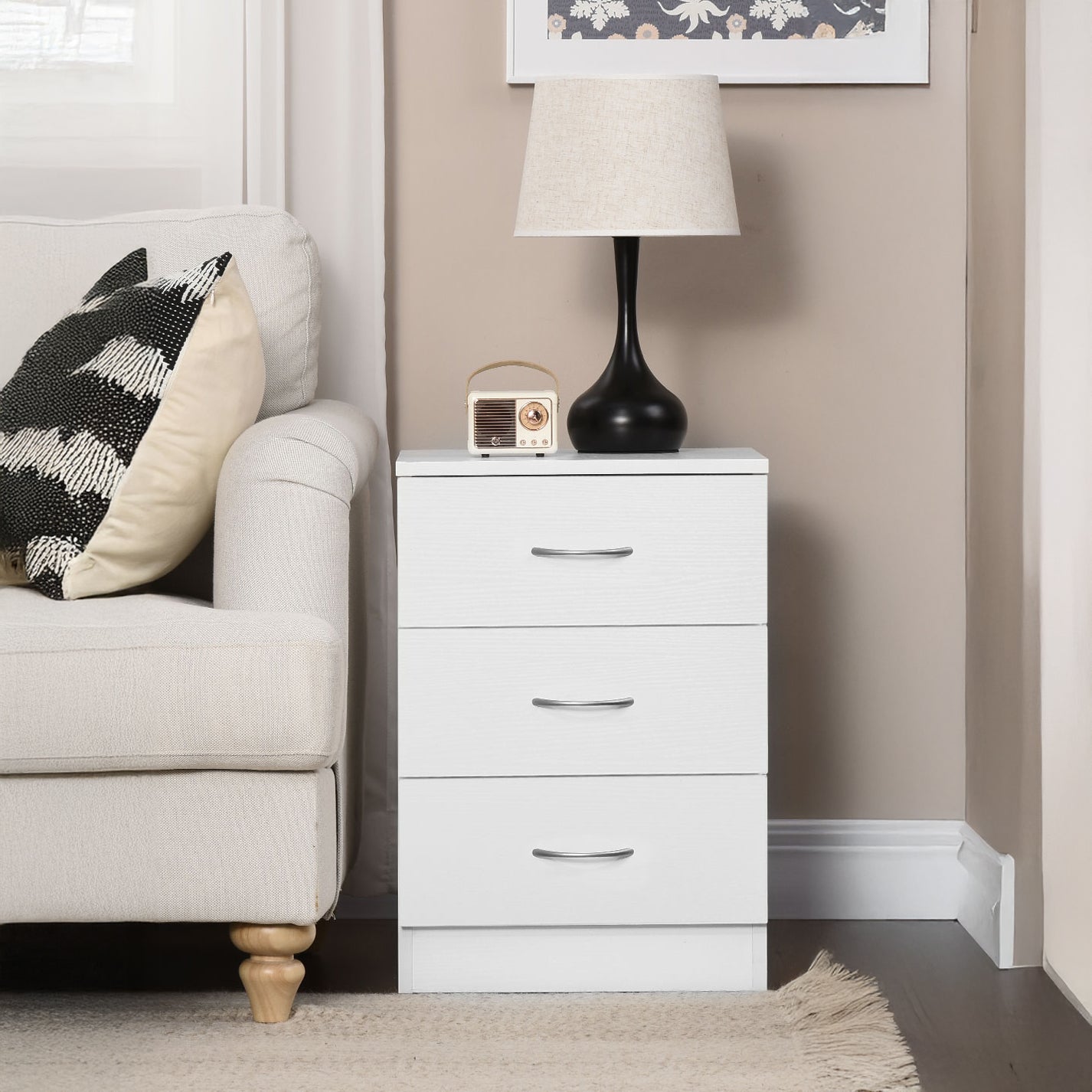 Bedside Table with 3 Drawers, Modern Wood Nightstand, White
