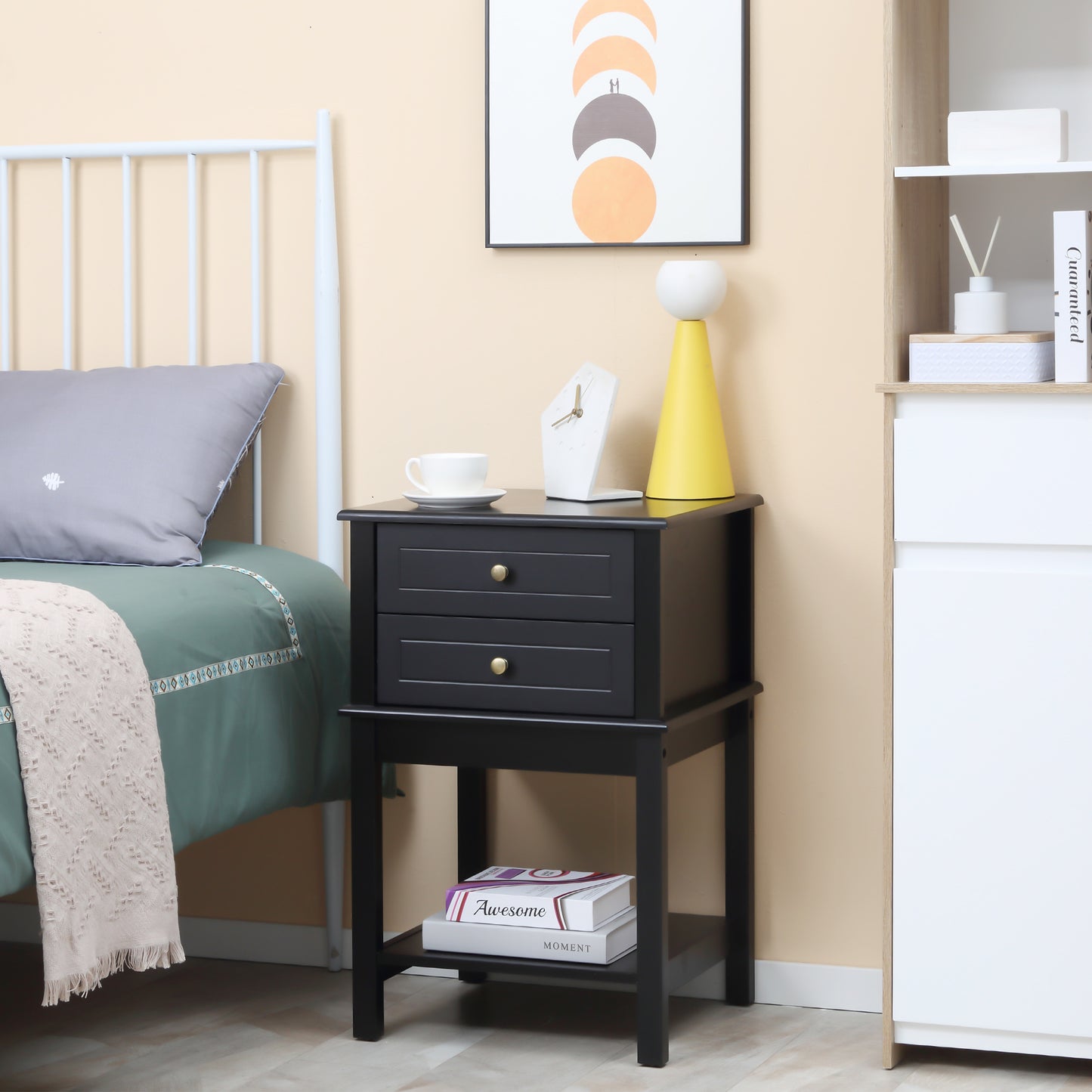 Black Modern End Table with Drawers and Storage Shelf