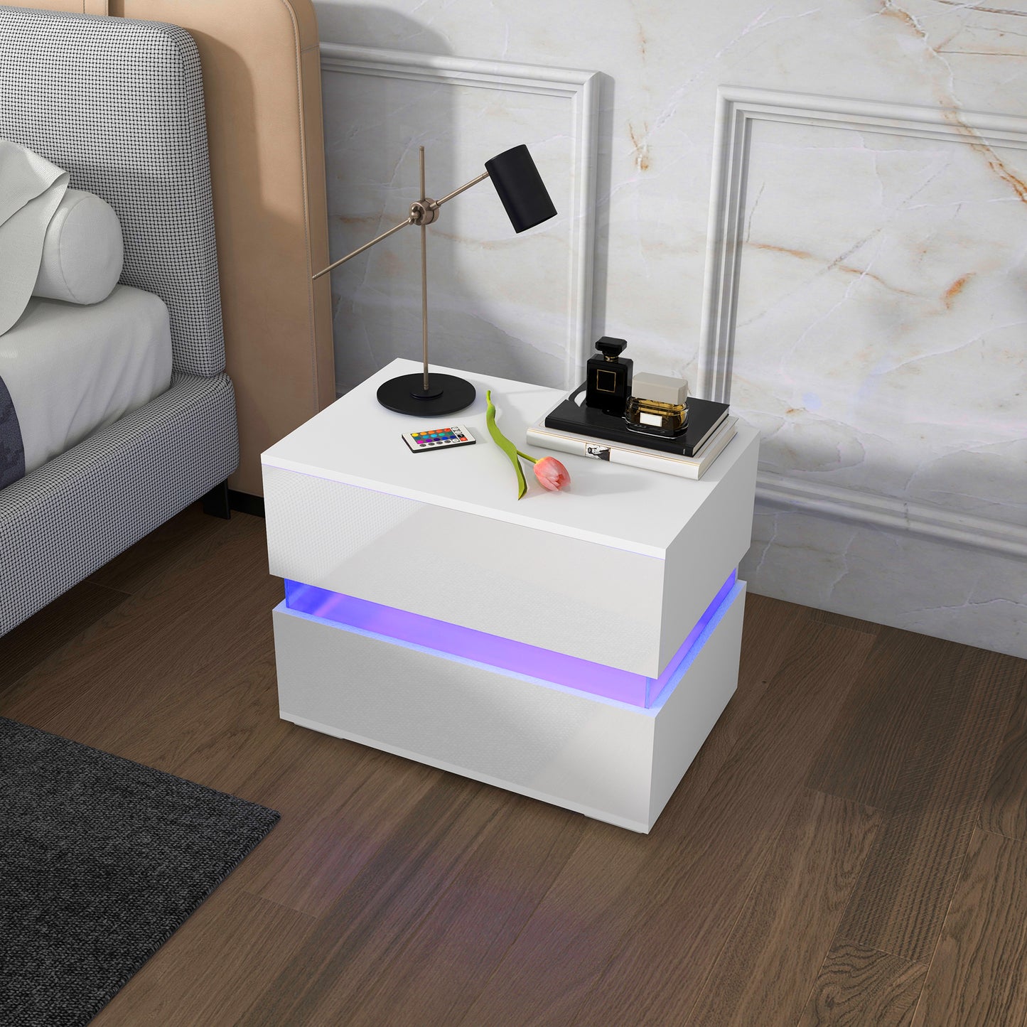 Large LED Nightstand with RGB Lighting and 2 Drawers, White