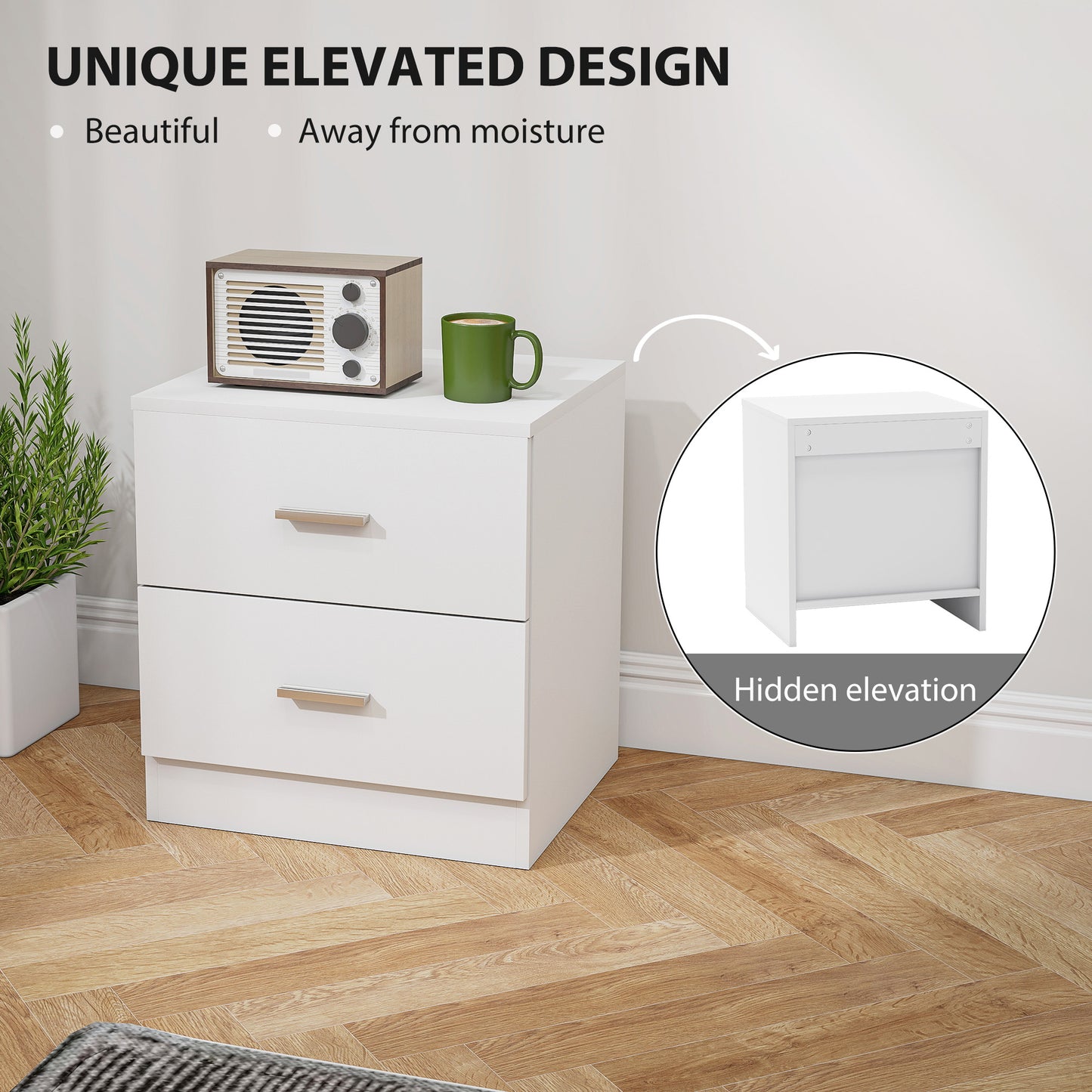 Modern Bedside Table with 2 Storage Drawers, White