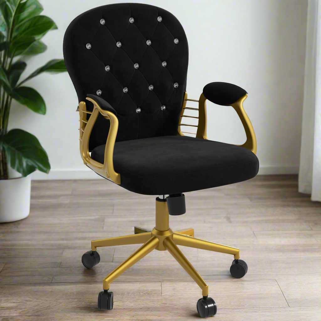 Button-Tufted Velvet Office Chair with Adjustable Height - Gold and Black