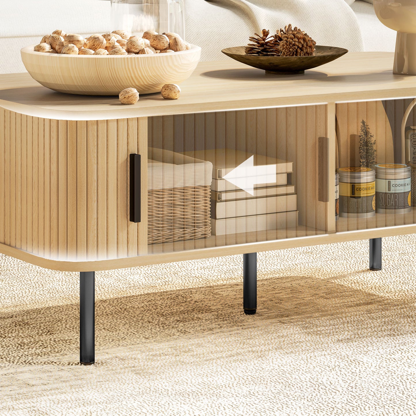 Nordic Coffee Table with Sliding Tambour Doors, Oak