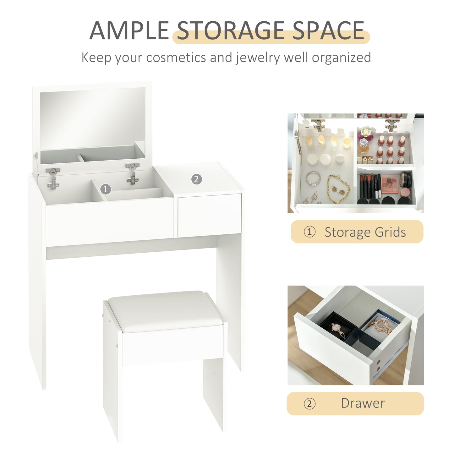 Dressing Table Set with Flip-Top Mirror and Cushioned Stool